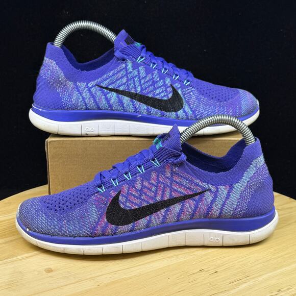 WOMENS 7.5 NIKE FREE 4.0 FLYKNIT RUNNING SHOES PURPLE BLUE WHITE 717076 501 - Picture 1 of 10